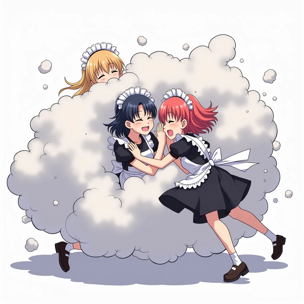 An anime-style illustration depicting many maids playfully wrestling with each other inside a light gray comical fight cloud (dust cloud).
each maid has different colored hair.
their faces,hands,and feet are visible emerging from the cloud as they tussle humorously, with the rest of their bodies completely hidden inside the cloud.
the illustration emphasizes the humorous and energetic nature of their scuffle,with a fluffy and exaggerated fight cloud.