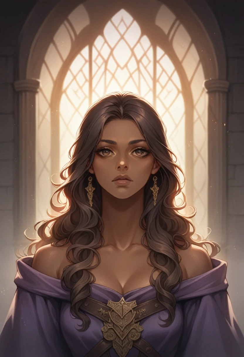 A powerful woman with brown skin, pervert expression, front view, dark and purple medieval room scenery, detailed face and eyes, long flowing hair,, dramatic lighting, fantasy, cinematic, luxury aura