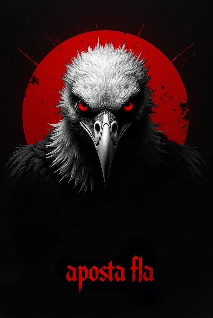 Make a vulture with only the head part in the middle of the screen with an angry face, in black and red and written at the bottom “APOSTA FLA”