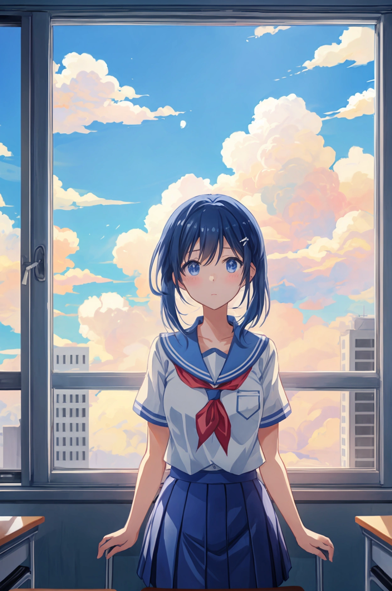 From the classroom window、I can see the sky、Gazing at the beautiful sky、Nobody is here、I&#39;m in an empty classroom in an anime。