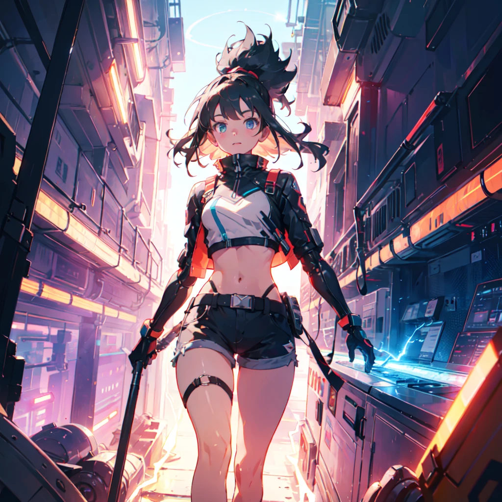 girl, pretty, crop top, short shorts, futuristic, gamer, background with rays of electricity