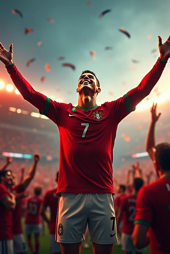 Celebration after a Goal** :
"cristiano Ronaldo levant les bras au ciel, celebrating after scoring a decisive goal. His radiant smile and the energy of the supporters around him create a festive atmosphere.. Keywords : cristiano.maillo Portugal.number 7