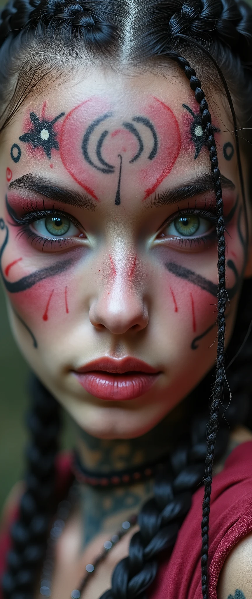 a close up of a woman with tattoos on her face, fractal punk, braid hair, matte painting portrait shot, beautiful female, pink fair skin, she is dressed in shaman clothes, cryptopunk, heavy makeup,