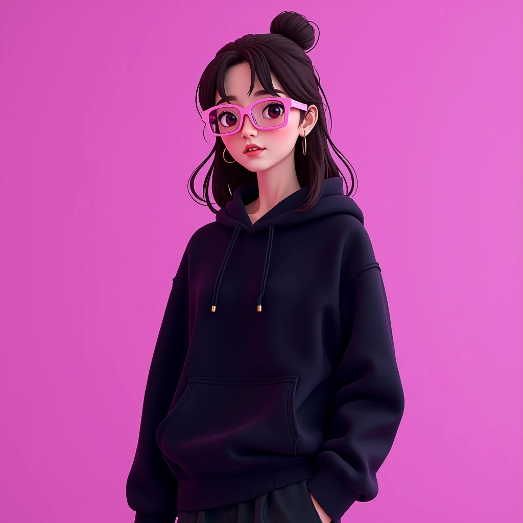 Young not asian girl with pink, rectangular and thin glasses, medium-long, tied-up, dark brown hair, wearing a black sweater with hoodie and black pants, in 3d style with purple background
