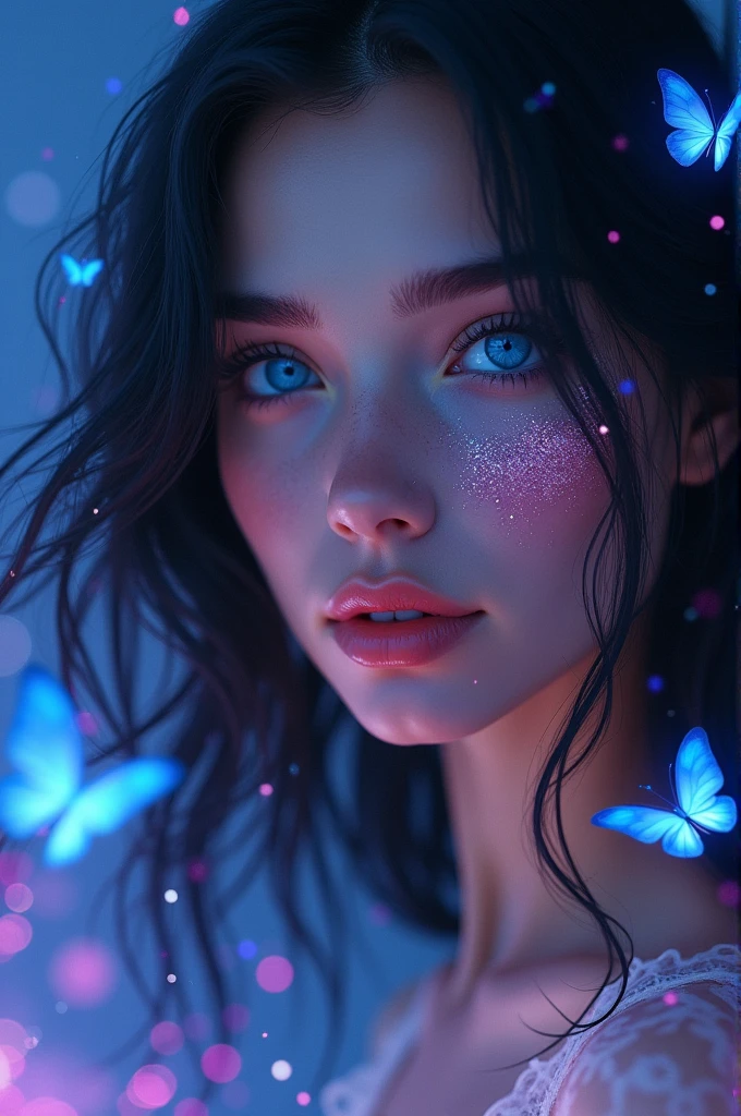 Valeria Torres Remix Directions Copy HD Photo, INTENSE SAPPHIRE SKY BLUE EYES just the face of a beautiful Russian woman like Aphrodite, with black hair in waves and sapphire blue eyes as clear as the sky, SAPPHIRE BLUE EYES STAND OUT, with purple and pink glitter on her face, Looking forward in profile, that only his face is seen, In the background a beautiful place with pink sparkles and blue butterflies, daylight glow, with shine in the air, LET YOUR EYES BE THE MOST IMPORTANT THING AND THE ONLY THING THE IMAGE FOCUS ON
