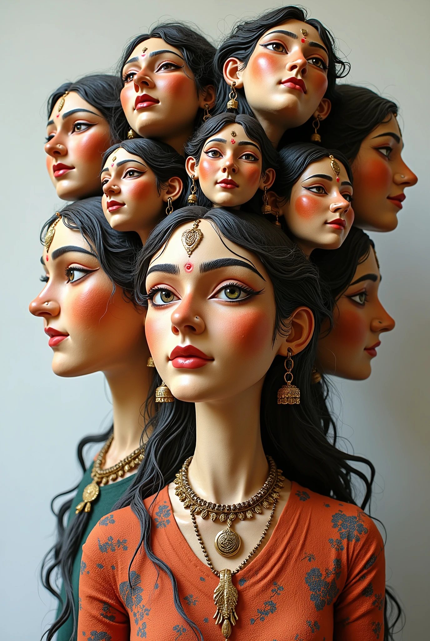 Expressionist artwork images of multiple floating ceramic heads of Indian women, 3d collage style, make it weird and gallery worthy