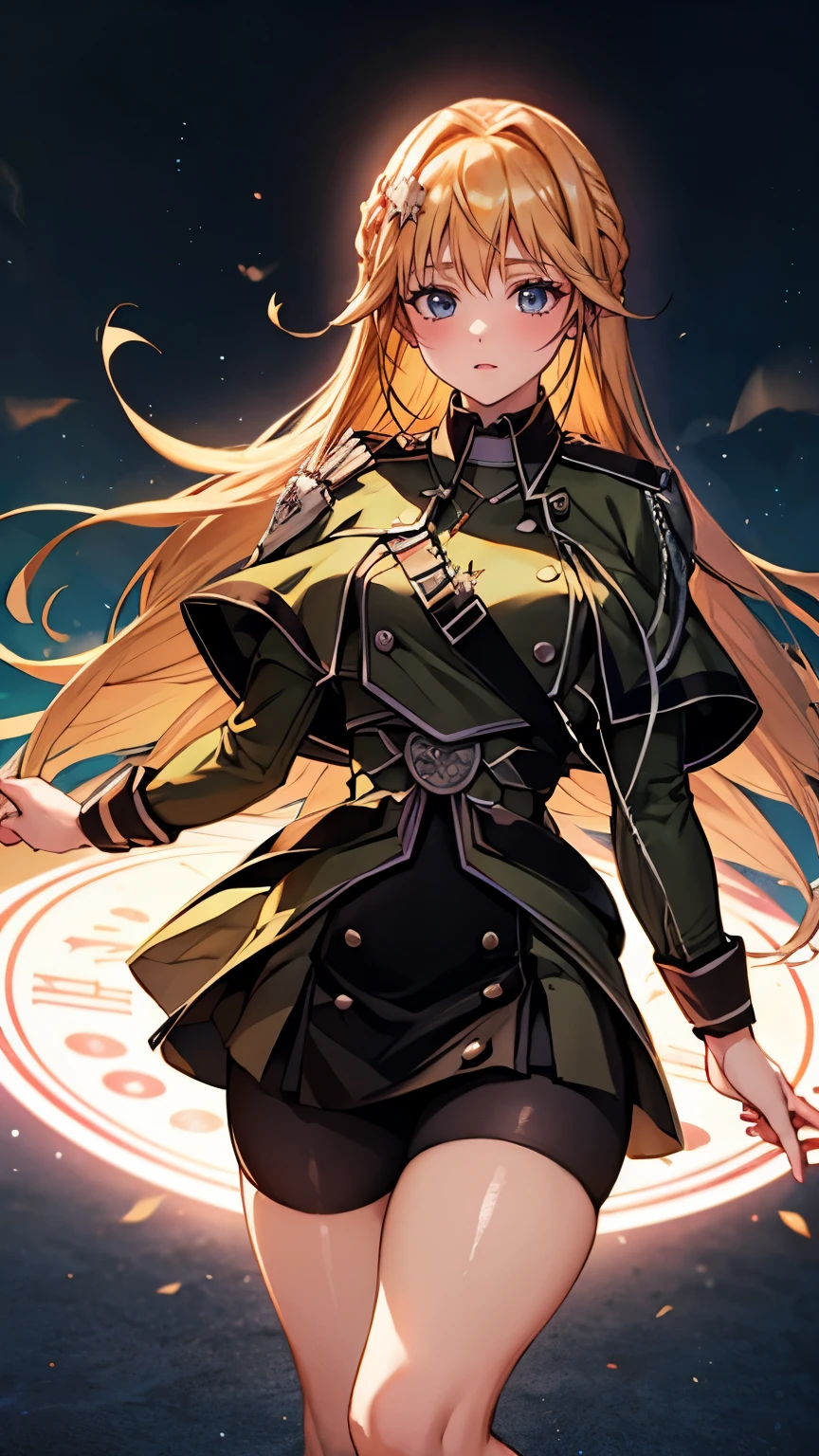 (Very delicate and beautiful:1.2)super model,,Beautiful breasts,voluptuous,【bike shorts】,,【3girls】,,Highest quality, High resolution, 8k,mini skirt,uniform,knife,Blue Flame.magic circle.