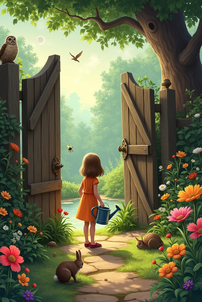 magical garden in full bloom with the old wooden gate slightly open. bird sings from a branch, Bee hovers near flowers, and Snail crawls along a path. Rabbit nibbles on weeds, Owl watches from a tree, and frog sits by the pond. Lily, a (a child girl), stands at the gate, holding a watering can, captivated by the vibrant garden. FOCUS ON THE ANIMALS BOOK COVER