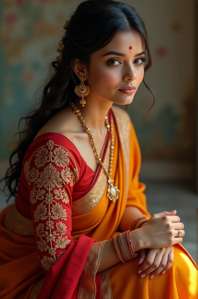An Indian woman sitting in saree