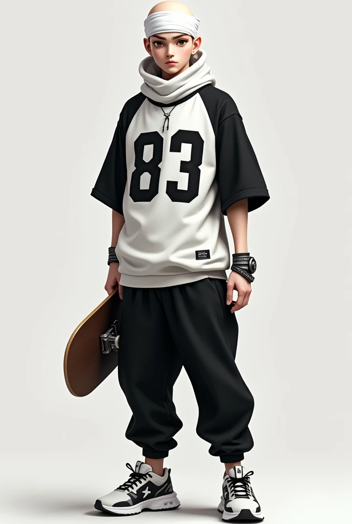 Make me a male person, with white skin (bald), brown eyes, dressed with a white scarf on the forehead of the head (NOT ON THE NECK), a wide baseball shirt with the white number in the center "83" and that is black, gray and white tones also some wide baggy pants and with white and black sneakers and having a skate