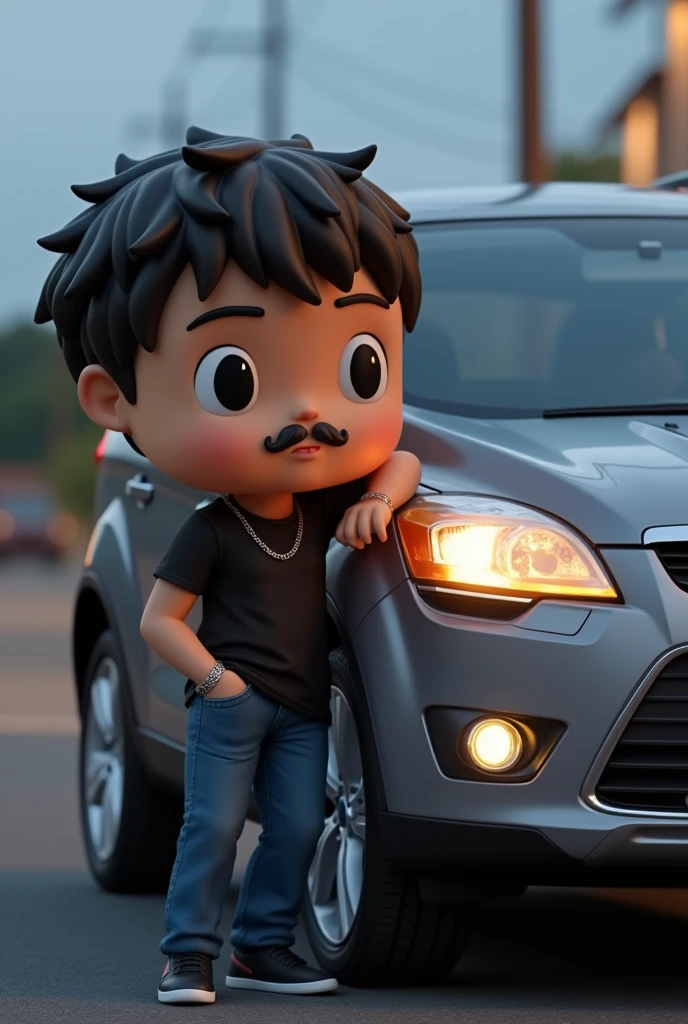 2013 gray Ford Kuga with a young boy leaning on it with his arms crossed wearing a black short-sleeved t-shirt and jeans. He also wears a thin silver chain and a silver bracelet on one hand and nothing on the other with medium-sized eyes without a beard but with a small mustache and a slight goatee on a road at dusk, all done in funko pop style so that the entire car can be seen very clearly. 