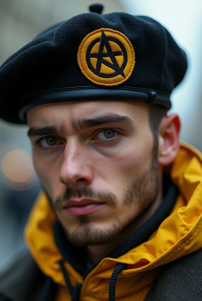 Young man with a beret with a black anarchist symbol with yellow parts