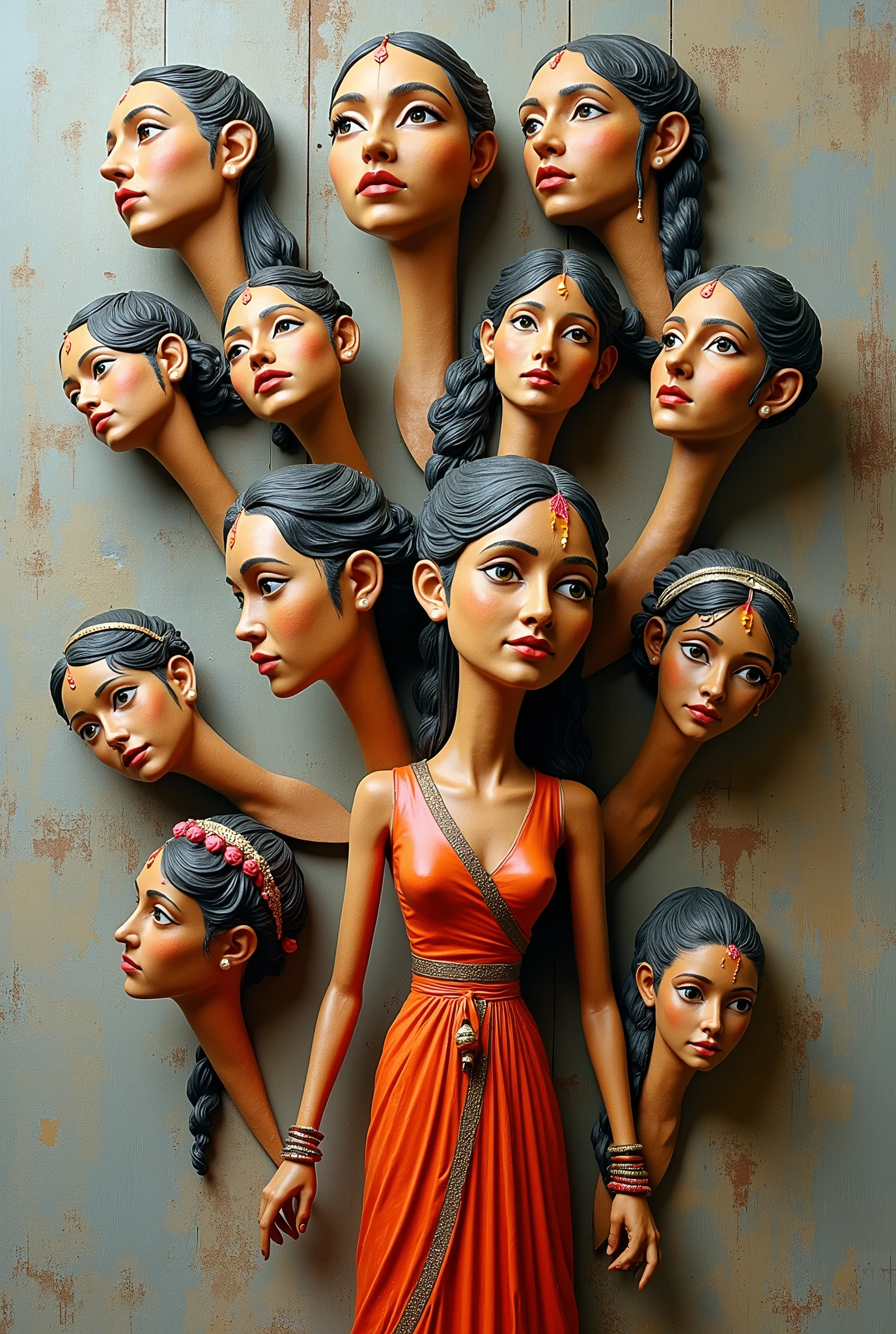 Expressionist artwork images of multiple floating ceramic heads of Indian women, 3d collage style, make it weird and gallery worthy