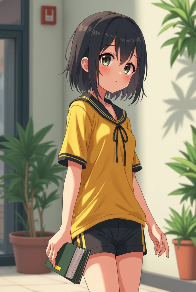 girl with almost short hair wearing a yellow short-sleeved uniform shirt with black stripes on the shoulders and black mini shorts with yellow stripes on the sides and made of synthetic material and she drops her books and bends down to pick them up and she looks good assed and sexy and a boy looks at her sexily and comes and squeezes her ass