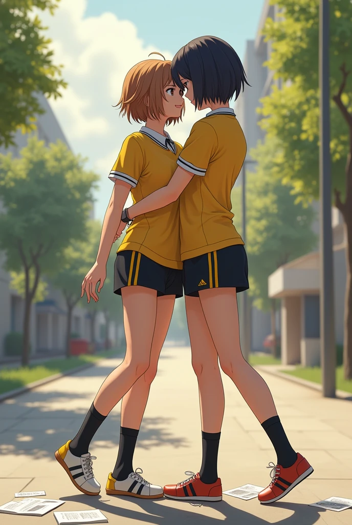 girl with almost short hair wearing a yellow short-sleeved uniform shirt with black stripes on the shoulders and black mini shorts with yellow stripes on the sides and made of synthetic material and she drops her books and bends down to pick them up and she looks good assed and sexy and a boy looks at her sexily and comes and squeezes her ass