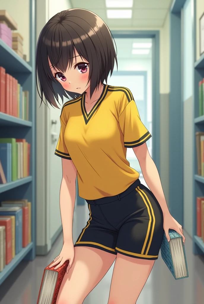 girl with almost short hair wearing a yellow short-sleeved uniform shirt with black stripes on the shoulders and black mini shorts with yellow stripes on the sides and made of synthetic material and she drops her books and bends down to pick them up and she looks good assed and sexy and a boy looks at her sexily and comes and squeezes her ass