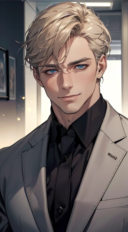 (best quality,4k,8k,highres,masterpiece:1.2),ultra-detailed,(realistic,photorealistic,photo-realistic:1.37),1 man,3,mature man,very handsome,without expression,smile,short grey golden hair,blue eyes,penetrating gaze,perfect face without errors,imposing posture,businessman,office background,cinematic lighting,hdr image