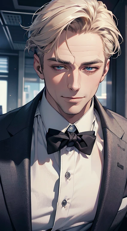 (best quality,4k,8k,highres,masterpiece:1.2),ultra-detailed,(realistic,photorealistic,photo-realistic:1.37),1 man,3,mature man,very handsome,without expression,smile,short grey golden hair,blue eyes,penetrating gaze,perfect face without errors,imposing posture,businessman,office background,cinematic lighting,hdr image