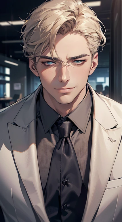 (best quality,4k,8k,highres,masterpiece:1.2),ultra-detailed,(realistic,photorealistic,photo-realistic:1.37),1 man,3,mature man,very handsome,without expression,smile,short grey golden hair,blue eyes,penetrating gaze,perfect face without errors,imposing posture,businessman,office background,cinematic lighting,hdr image