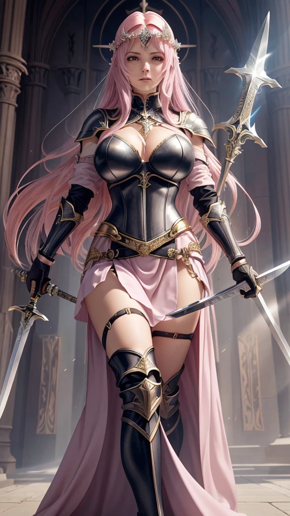 Congregation,Joan of Arc,Long flowing pink hair,head ornaments,Big breasts,Neck gemstone jewelry,Breast Binding,mini lace skirt,Steel armor gloves,Steel armor long high heels,.best quality,masterpiece,Ultra-high resolution（2：0）,special magic sword,The sword is long and sharp,The sword has magic runes attached to it,