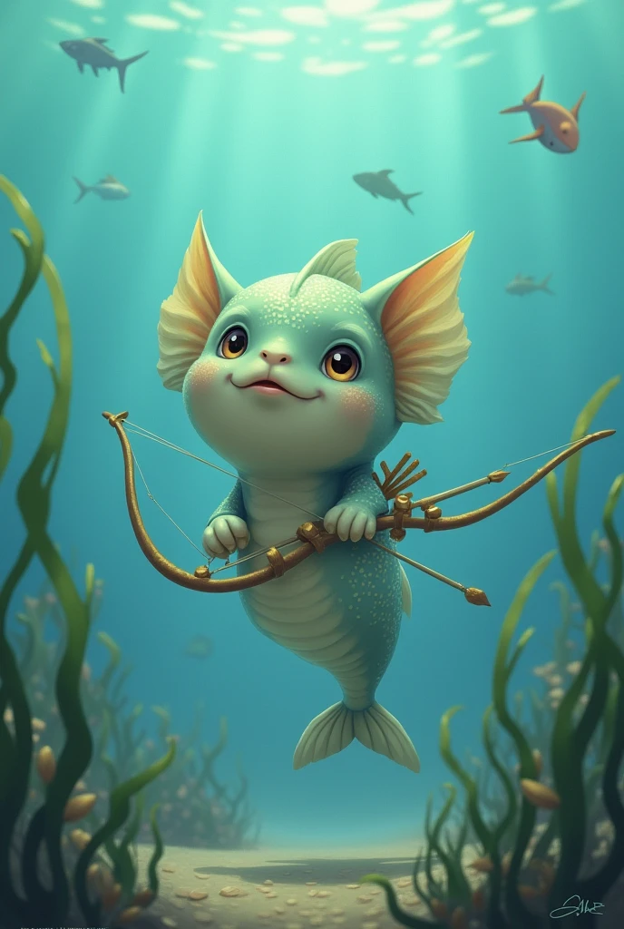 Hi, give me an image of the fish bow referring to a fish with a bow and arrow, as if it were the fusion of Sagittarius with Pisces, but it should be in the Studio Ghibli style, but without horns, and be friendly, and sweet, that has no feet, just tail and be on top of the sea