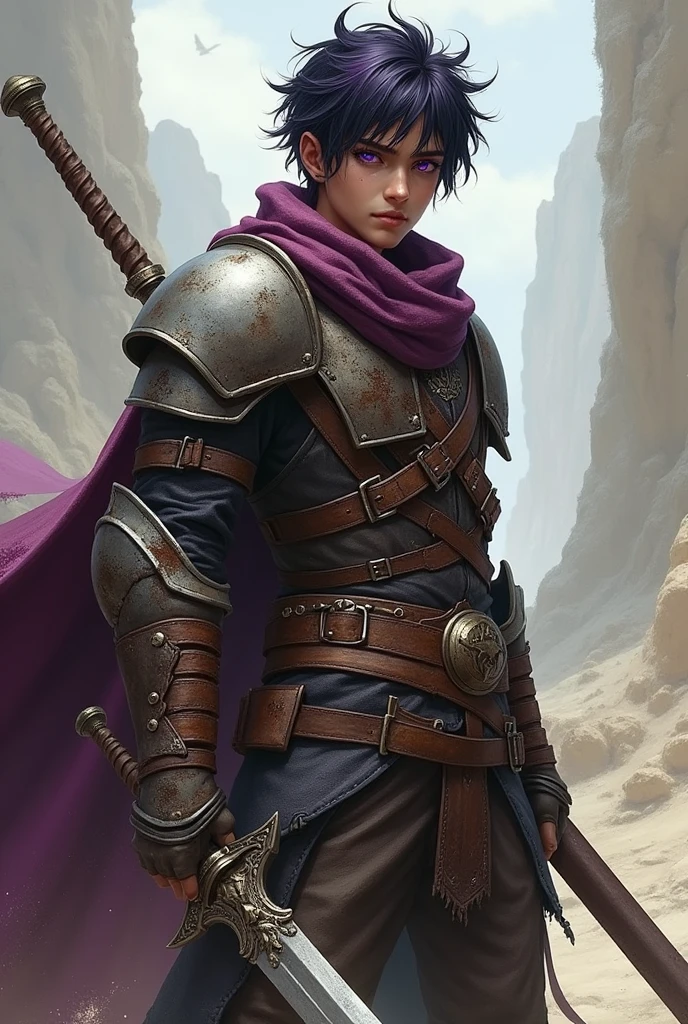 Tall in stature,  adult mercenary, battle hardened leather armor, dusty ripped scarf, long cape, heavy greatsword, short messy black hair with purple highlights, beautiful violet eyes