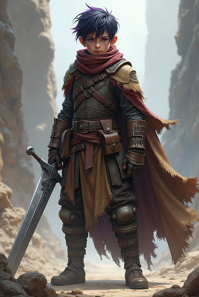 Tall in stature, Young adult mercenary, battle hardened leather armor, dusty ripped scarf, long cape, heavy greatsword, short messy black hair with purple highlights, beautiful violet eyes