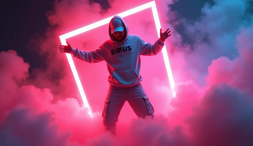 A neon young man wearing a hoodie that reads 'SiMus', baseball cap, long cargo pants crashing through swirling smoke, his form outlined in a glowing picture frame, a ghost full of determination and courage, masterpiece, 4k, photorealistic, dynamic lighting, cinematic, volumetric lighting, dramatic, moody, hyperrealist, intricate details, vibrant neon colours, ethereal, mystical, powerful, captivating, surreal, digital art