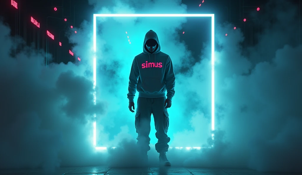 A neon young man wearing a hoodie that reads 'SiMus', baseball cap, long cargo pants crashing through swirling smoke, his form outlined in a glowing picture frame, a ghost full of determination and courage, masterpiece, 4k, photorealistic, dynamic lighting, cinematic, volumetric lighting, dramatic, moody, hyperrealist, intricate details, vibrant neon colours, ethereal, mystical, powerful, captivating, surreal, digital art