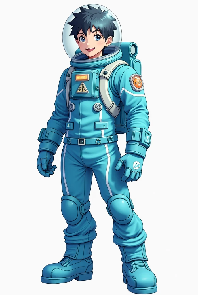 Man anime character smiling with cyan astronaut suite full body