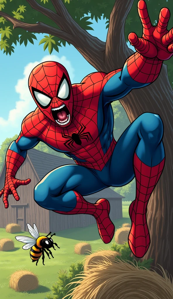 Gambar A hilarious scene of a spiderman, with wild. Screaming in terror as he falls from a tree, A bee comically out of place, is fiercely
Biting and tearing lower pants, while the mans
Face shows exaggerated shock. The rustic barn in the background is detailed with old wood and hay bales. Creating a humorous, contrast, dynamic action shot, cartoonish expressions