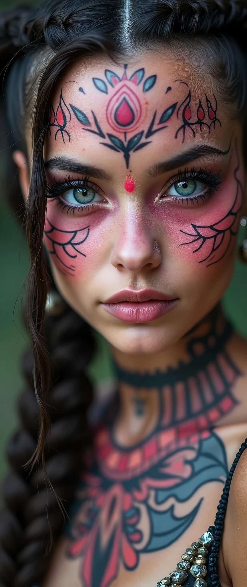 a close up of a woman with tattoos on her face, fractal punk, braid hair, matte painting portrait shot, beautiful female, pink fair skin, she is dressed in shaman clothes, cryptopunk, heavy makeup, 