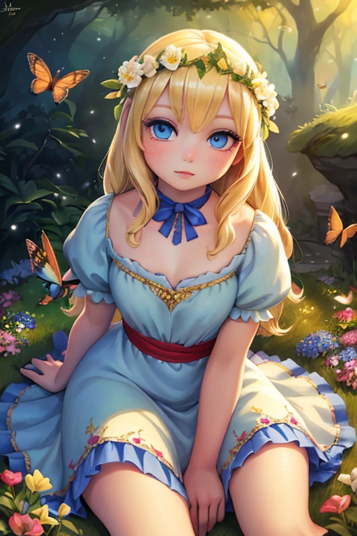 1 girl in a fairy garden, sitting on grass, blonde hair, blue eyes, fair skin, traditional Disney Snow White dress, flower crown, butterflies, hummingbirds, bees, vibrant colors, dramatic lighting, volumetric lighting, beautiful detailed eyes, beautiful detailed lips, extremely detailed eyes and face, long eyelashes, surreal, hyper-detailed, fantasy, ethereal, (best quality, 4k, 8k, highres, masterpiece:1.2), ultra-detailed, (realistic, photorealistic, photo-realistic:1.37)