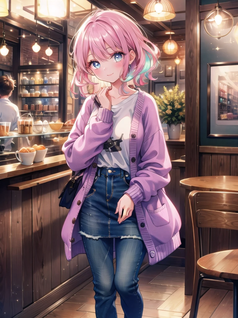 ((8k, Highest quality, masterpiece: 1.3)),Ultra-high resolution,(1 girl, alone), (Color changing eyes, Ultra-detailed, Expressive brilliance, Glitter, Glowing Eyes), Highly detailed eyes, Highly detailed face, Random Hair, ((pastel colour))A stylish woman standing in a trendy café, waiting for her order. She’s wearing a chic cardigan over a simple t-shirt, paired with skinny jeans and ankle boots. The warm lighting inside the café highlights the cozy atmosphere, with other patrons chatting softly in the background. She’s leaning slightly against the counter, her expression relaxed as she scrolls through her phone. When she notices the camera, she looks up with a soft, affectionate smile, her eyes meeting the camera as if she’s sharing this quiet moment with her boyfriend.