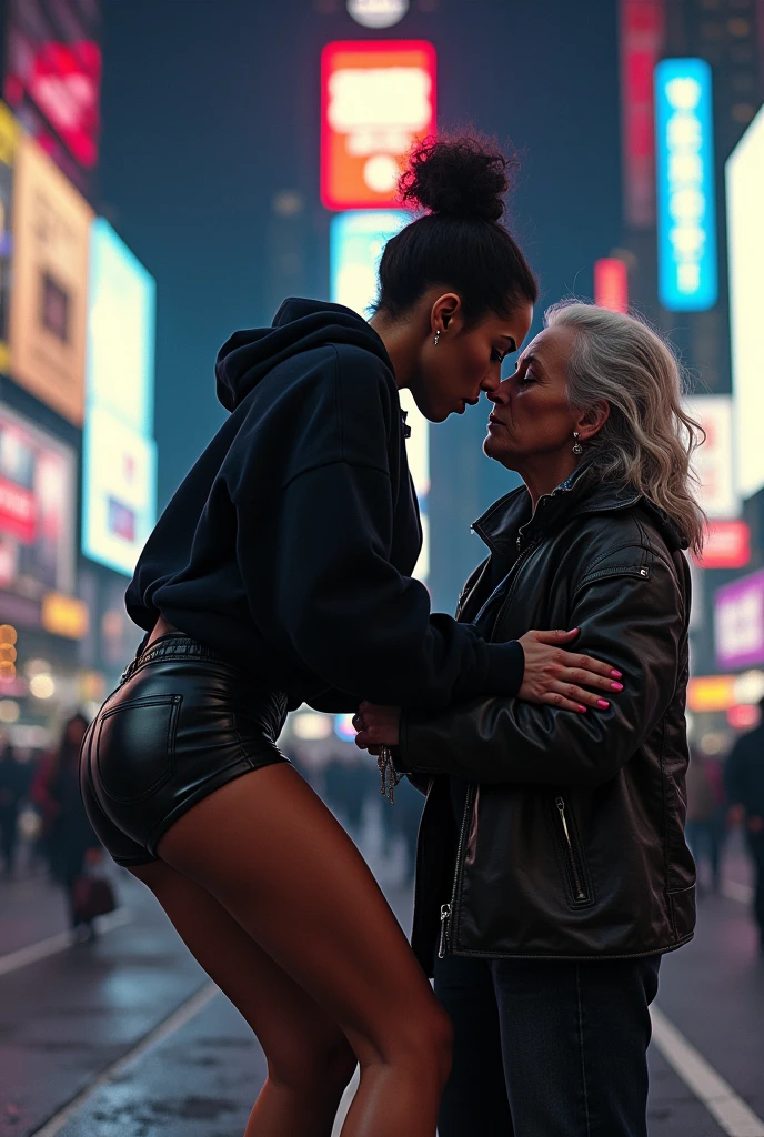 black woman hair in a bun black hoodie black leather short shorts bent over and old woman humping her bump time square new york city