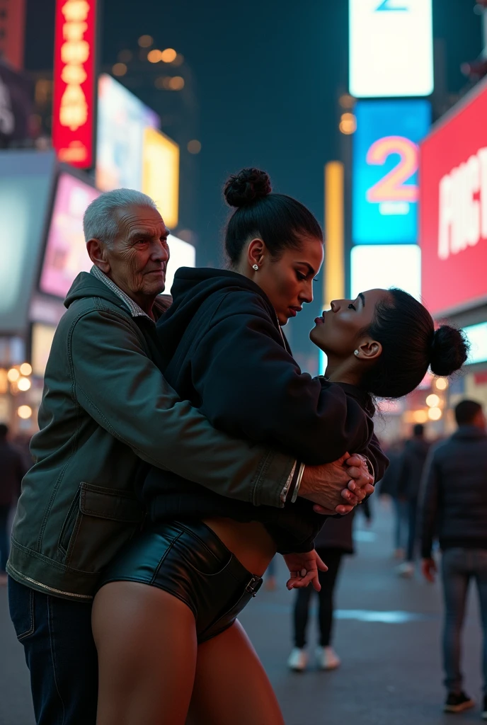 black woman hair in a bun black hoodie black leather short shorts bent over and old woman humping her bump time square new york city