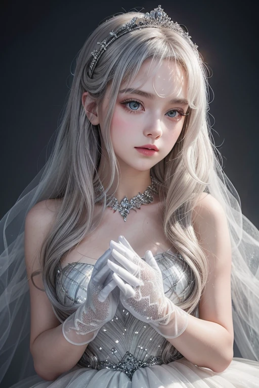 princess, young adult, long white hair with waves, grey eyes, white dress with silver sparkles, tulle, longe gloves of tulle sparkles, tons of silver, eclipse