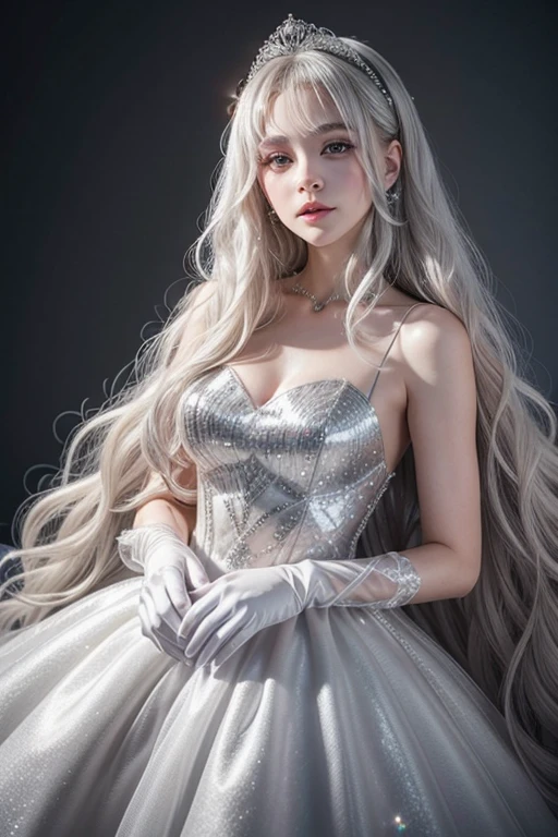 princess, young adult, long white hair with waves, grey eyes, white dress with silver sparkles, tulle, longe gloves of tulle sparkles, tons of silver, eclipse