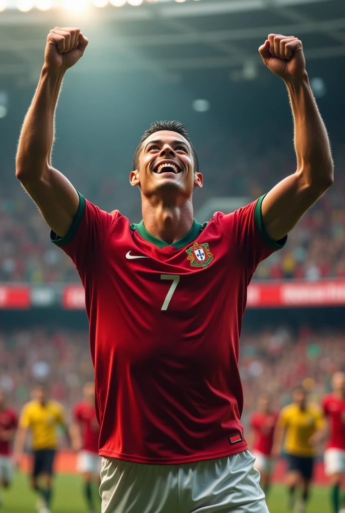 Celebration after a Goal** :
"cristiano Ronaldo levant les bras au ciel, celebrating after scoring a decisive goal. His radiant smile and the energy of the supporters around him create a festive atmosphere.. Keywords : cristiano.maillo Portugal.number 7 standard mode