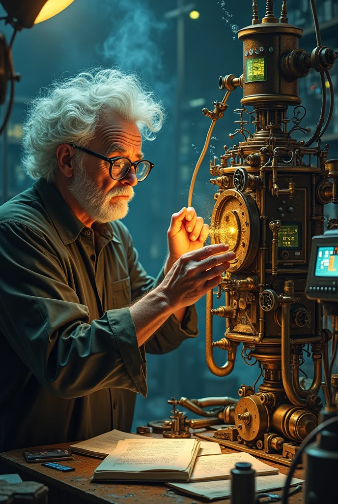 Old and crazy scientist assembling a machine