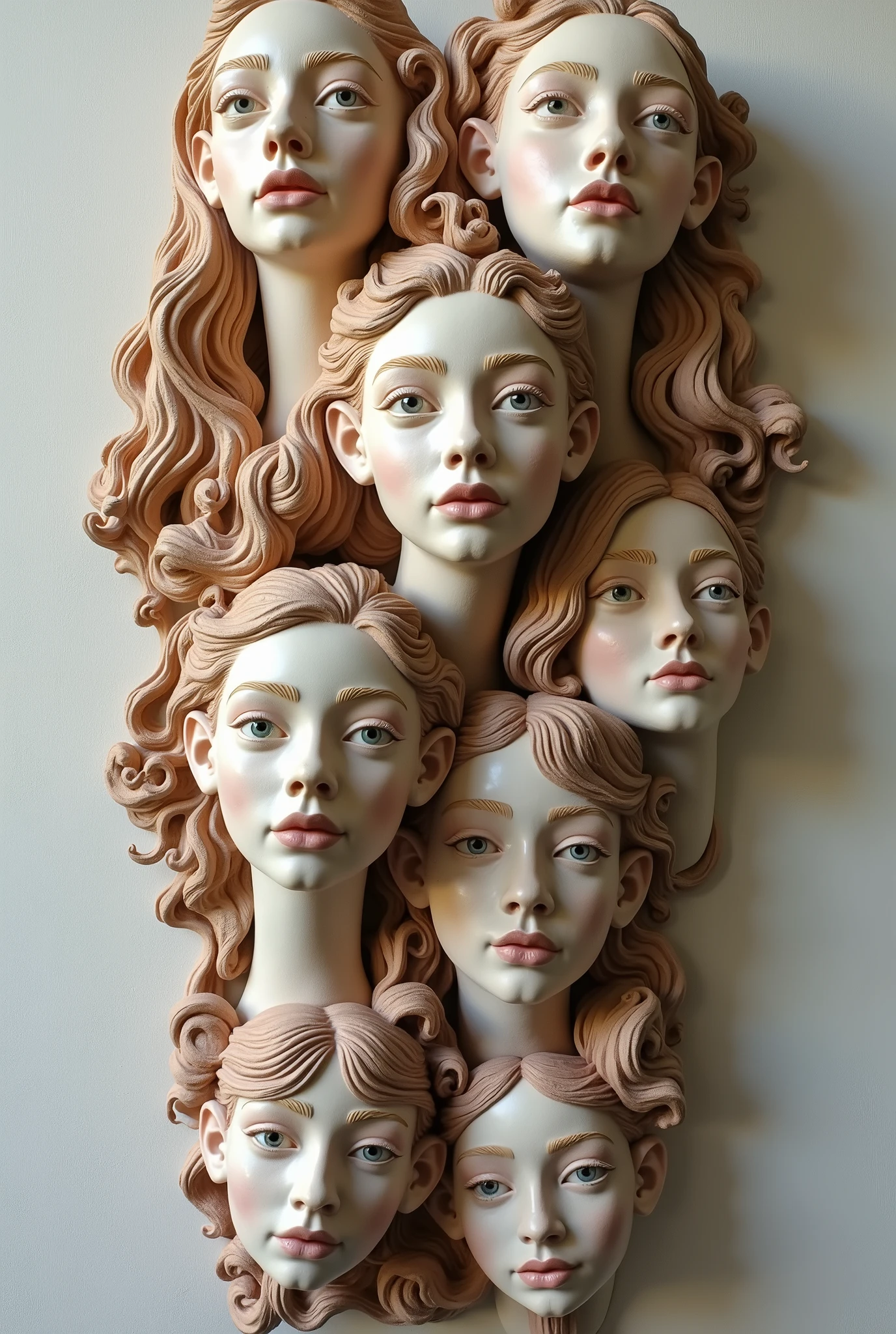 Expressionist artwork images of multiple floating ceramic heads of eastern european women, 3d collage style, make it weird and gallery worthy