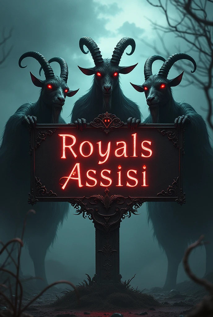 A sign with the name "royals of assisi" and devilish goats