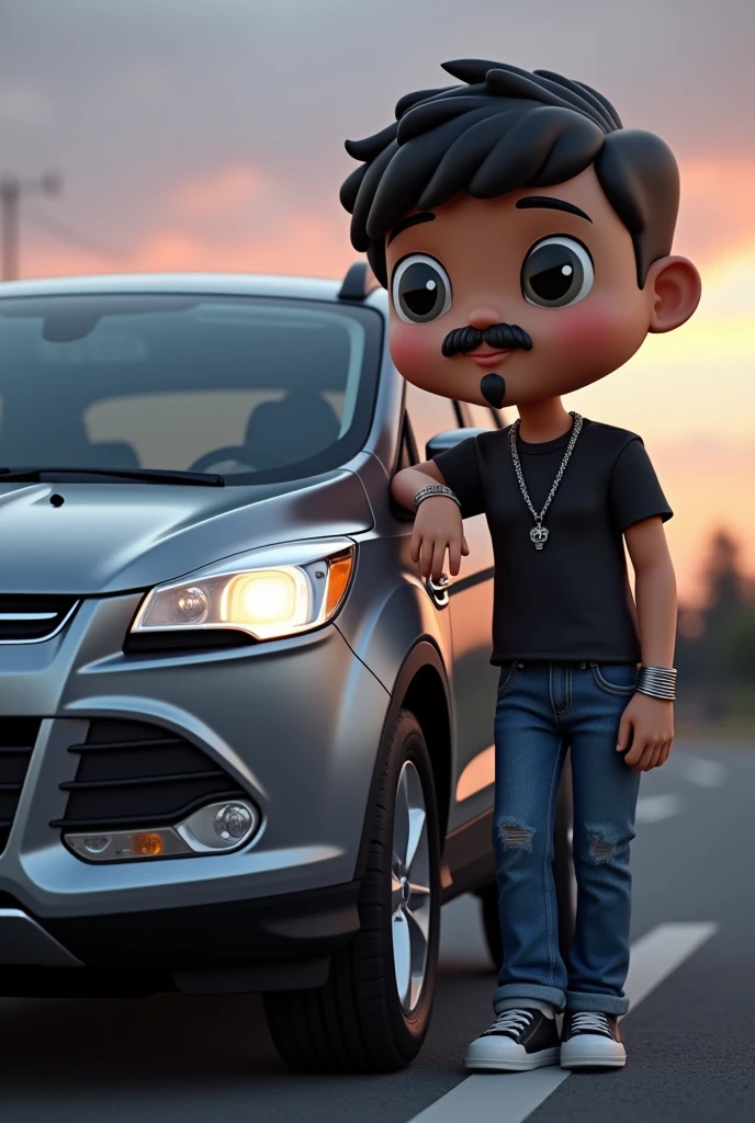 2013 gray Ford Kuga with a young boy leaning on it with his arms crossed wearing a black short-sleeved t-shirt and jeans. He also wears a thin silver chain and a silver bracelet on one hand and nothing on the other with medium-sized eyes without a beard but with a small mustache and a slight goatee on a road at dusk, all done in funko pop style so that the entire car can be seen very clearly.
