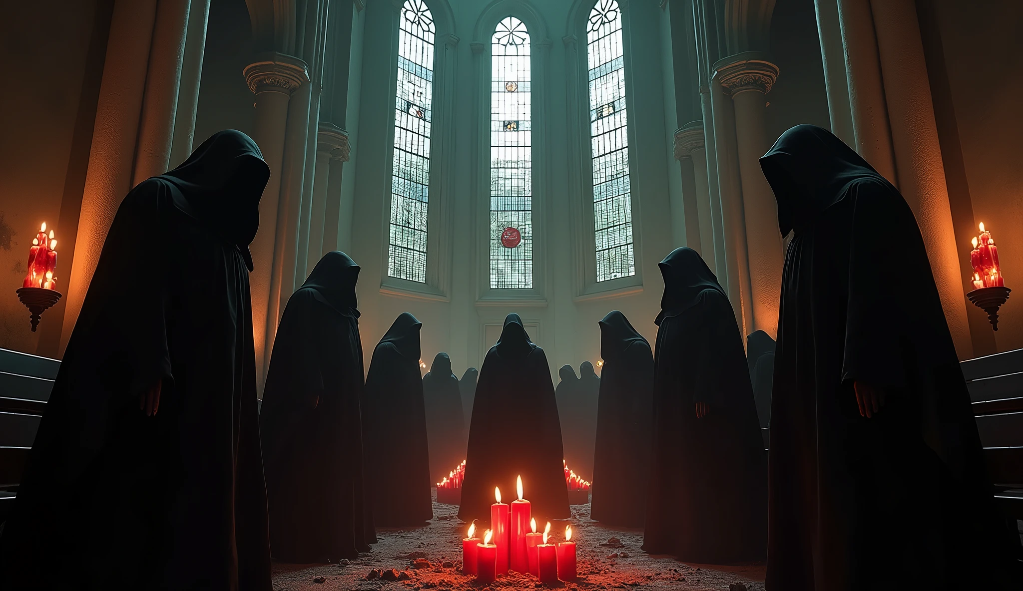 8k、equipped with sword ,lots of candles ,large stained glass,(Extreme low angle), (number々の賞を受賞したmasterpiece、Incredible detail、Texture、Maximum details),red flame candle, (summoning magic),(A ruin with beautiful moonlight in the middle of the night), (dark ritual),(dark organization)arafed image of a group of people in a church with candles,lit candle, dark cinematic concept art, elegant cinematic fantasy art, photorealistic dark concept art, by Beeple, dark robes, wojtek fus, gothic epic library concept, gothic epic library, epic cinematic concept art, dark concept art, Beeple and mike winkelmann, symmetrical epic fantasy art, High resolution, masterpiece, Highest quality, Intricate details, Very detailed, Clear focus, practical skin texture, texture, Shot with Canon, 85mm, Shallow and deep, Kodak Vision Color, Exactly, Very detailed, photograph_\(Extremist\), photographpractical, practical, Post-processing, Maximum details, Roughness, Real Life, Extremist practical, Photorealism, photographgraphy, 8K Ultra HD, photographgraphy