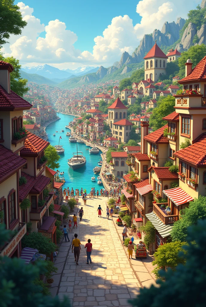 A city with many houses, commerce, river and cars, 3D animation, Disney, pixar. 