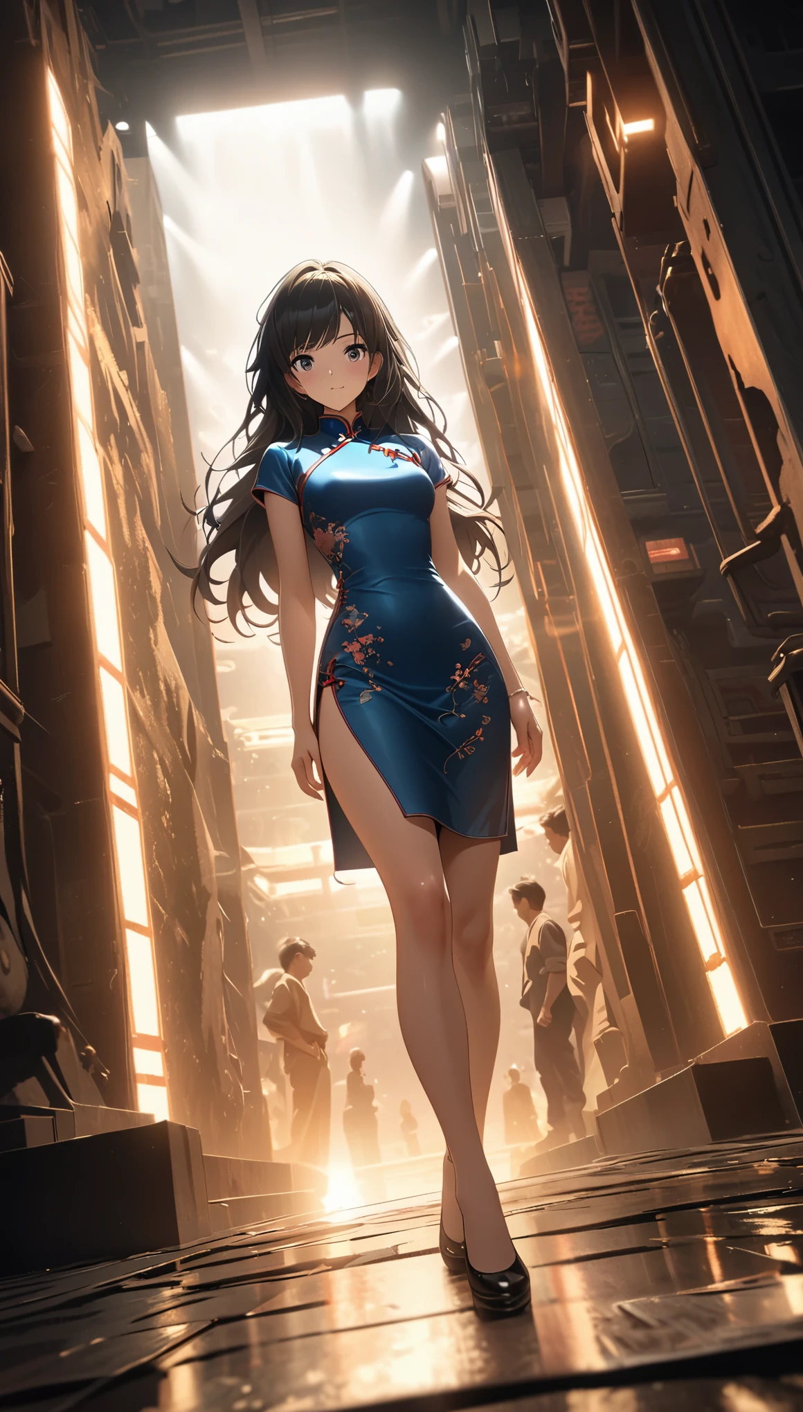Cheongsam Girl,Long Hair,Pure white background,Depth of written boundary,Low angle view,Calf Level View,Overclocked Renderer,Cinema Lighting,Ultra-fine,Very detailed,complicated,Cinematic Perspective,CG Art,Side zipper