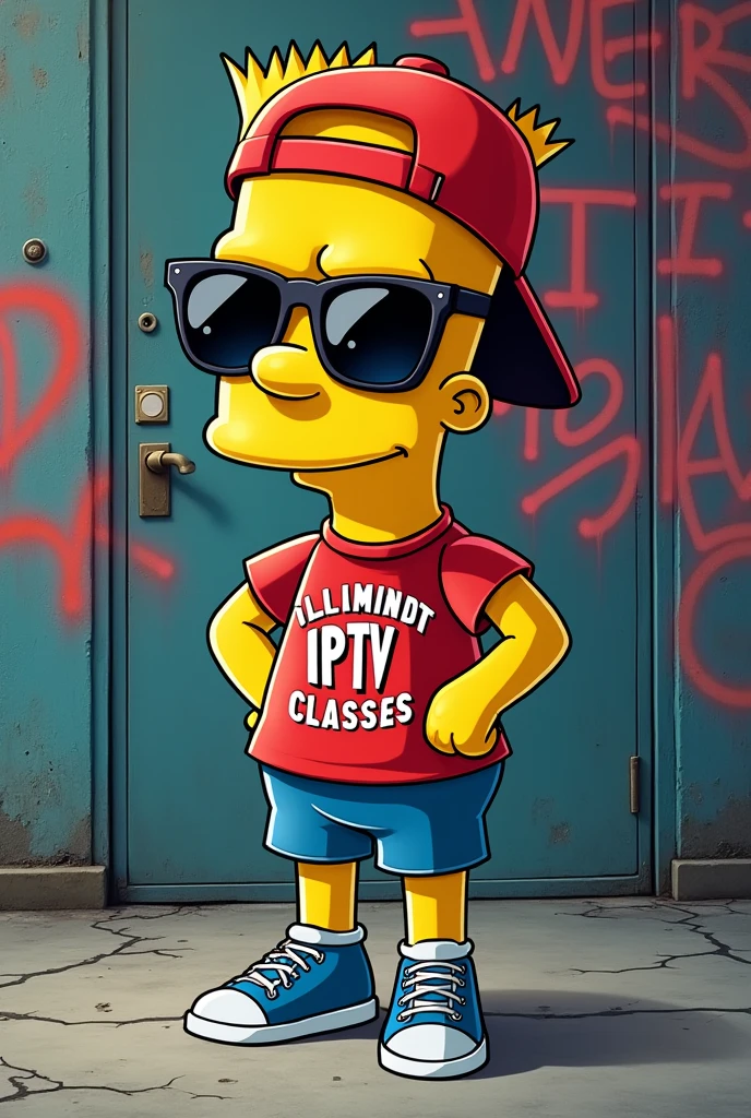 Create several images of Bart Simpson wearing a backwards red cap, Sunglasses, Red shirt with a print that says Illuminatty Scholl and blue shorts, In the background a wall with graffiti that says advanced IPTV classes