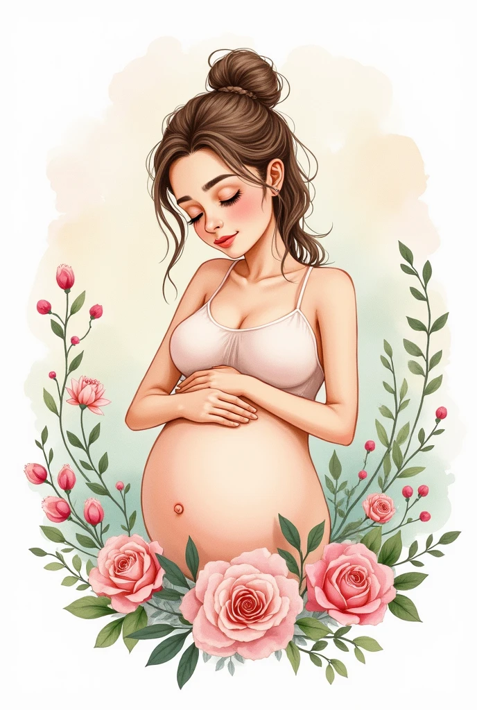 pregnant woman doodle with watercolor flower details