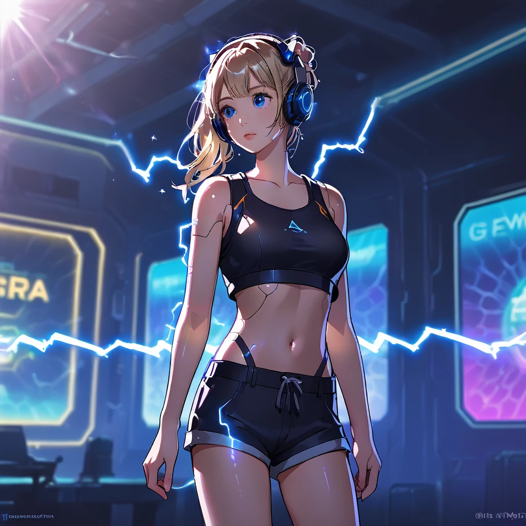 girl, pretty, crop top, short shorts, futuristic, gamer, background with rays of electricity