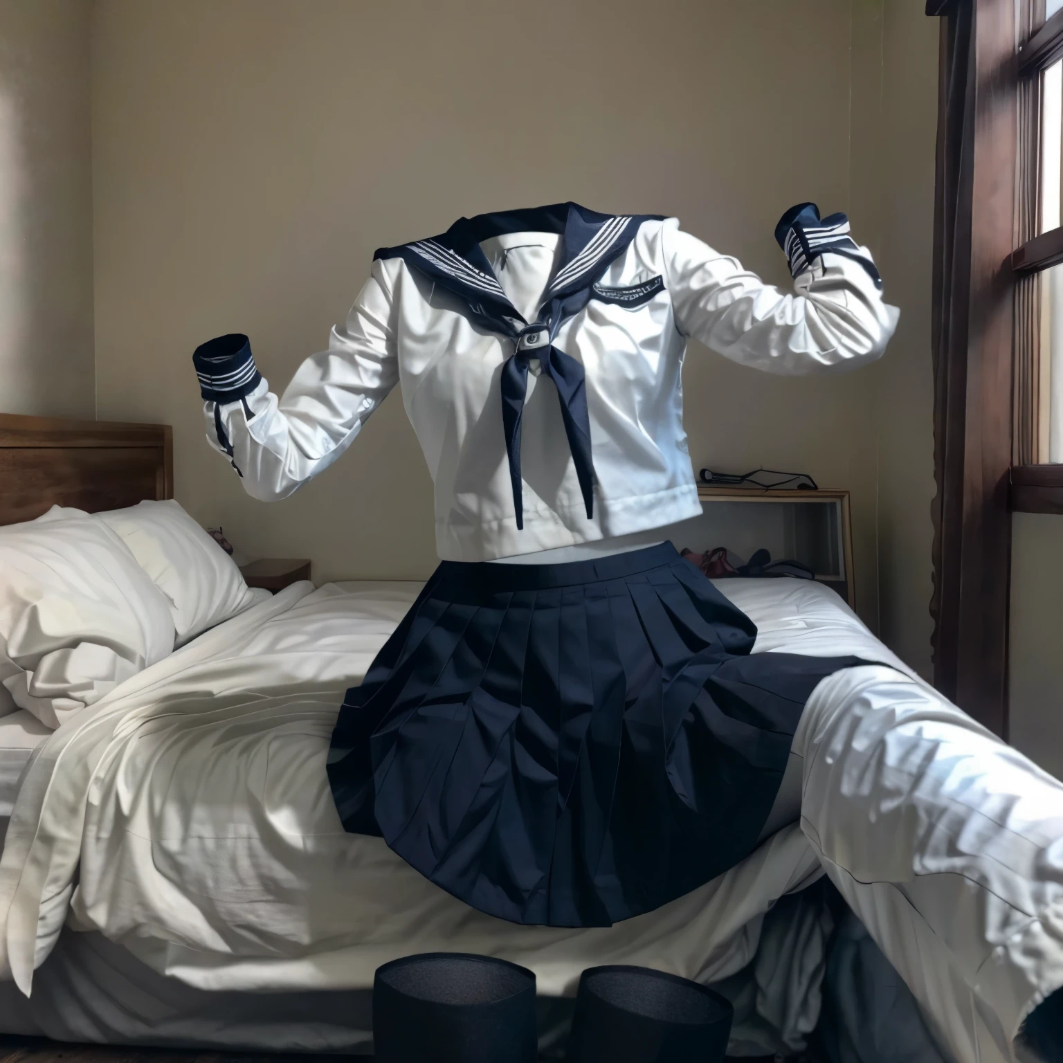 (invisible:1.5, no humans:1.5, headless:1.5, handless, legless), grey skirt, neck ribbon, ribbon, sailor collar, skirt, sailor collar, (cute big breast), in bed,
(8k, RAW photo, best quality, masterpiece:1.2), (realistic, photo-realistic:1.37),photon mapping, radiosity, ((Hasselblad photography)),physically-based rendering,